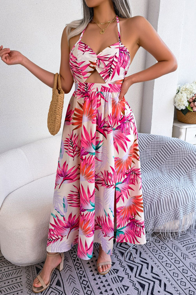 Botanical Print Tied Backless Cutout Slit Dress - L&M Boutique