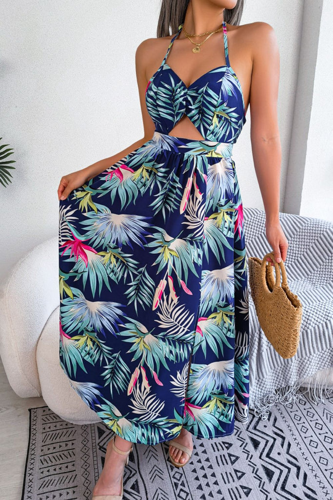 Botanical Print Tied Backless Cutout Slit Dress - L&M Boutique