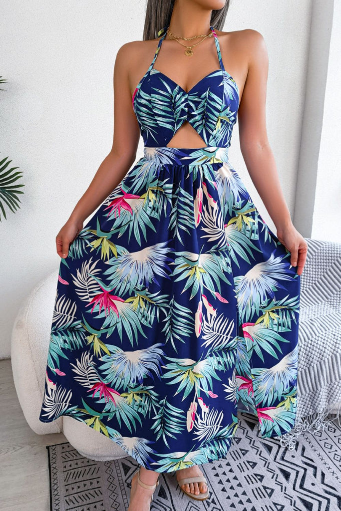 Botanical Print Tied Backless Cutout Slit Dress - L&M Boutique