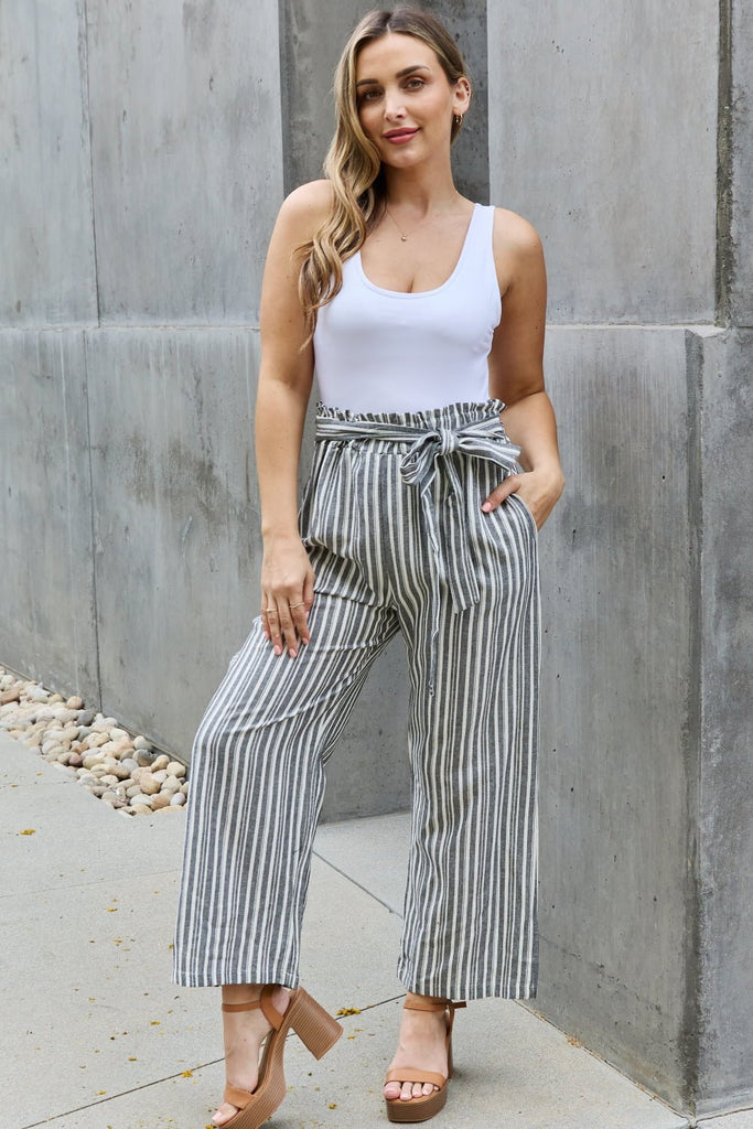 Madison Full Size Paper bag Waist Striped Culotte Pants - L&M Boutique