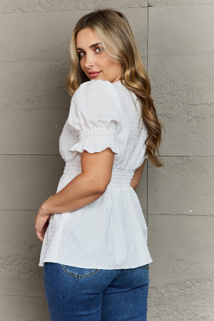 Sweet Serenity Full Size V-Neck Puff Sleeve Button Down Top - L&M Boutique