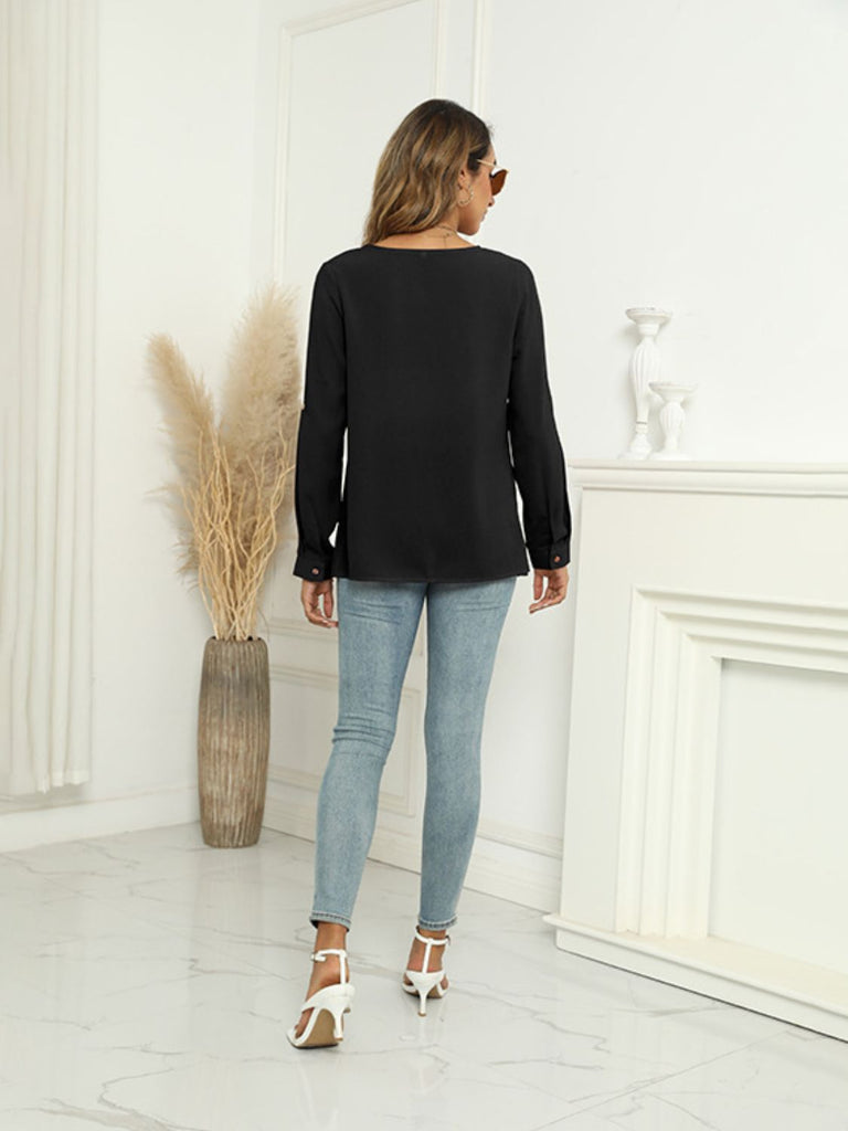 Zoe Roll-Tap Long Sleeve V-Neck Buttoned Blouse - L&M Boutique