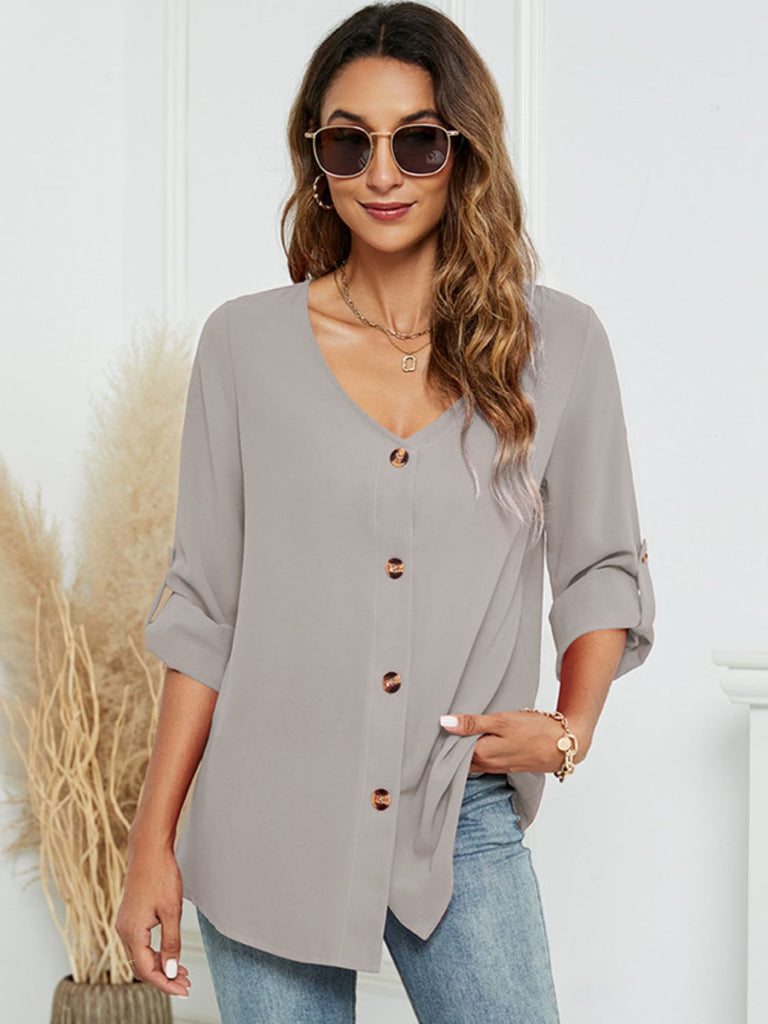 Zoe Roll-Tap Long Sleeve V-Neck Buttoned Blouse - L&M Boutique